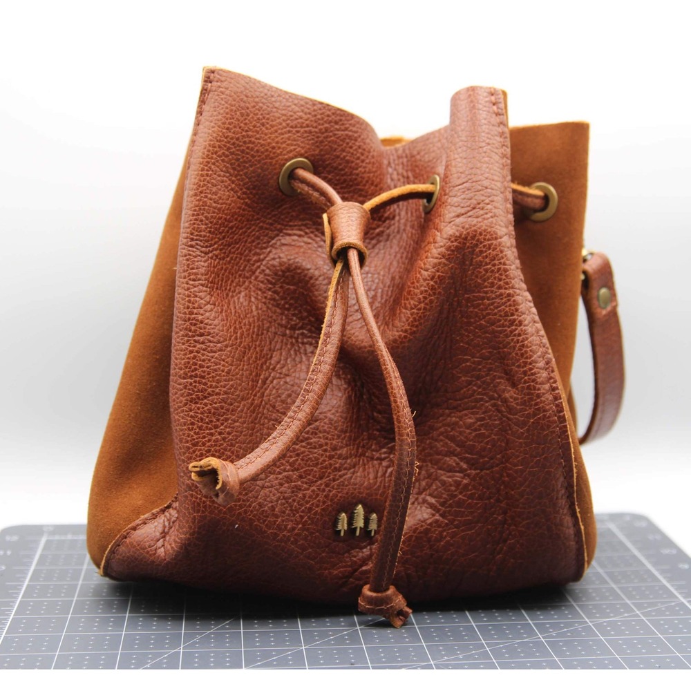 Portland Leather Goods Brown Pebbled Leather Suede Drawstring Bucket Bag Handbag